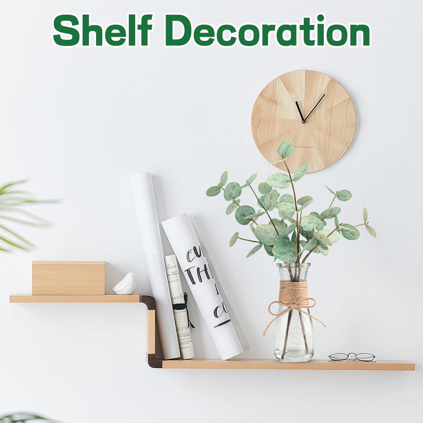 Artificial Eucalyptus Stems in Glass Vase with Faux Water, 15" Small Bathroom Greenery with Double-Sided Green Leaves, Farmhouse Office Decor, Realistic Fake Plant Wedding Centerpiece