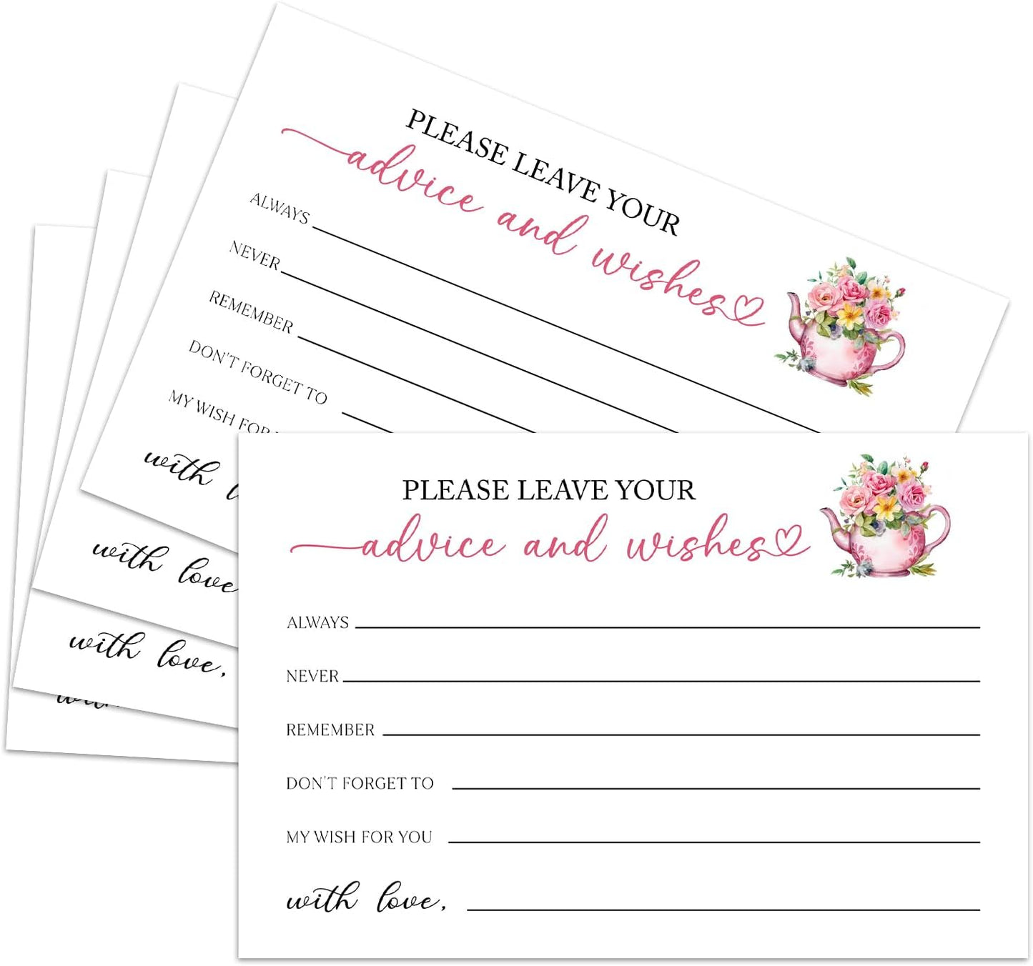 25 Advice and Wishes Cards, Floral & Teapot Fill-In Advice Cards for Bridal Shower Wedding Birthday Party Baby Shower Graduation Party, Well Wishes Card for Mr & Mrs Adults, Party Supplies -06
