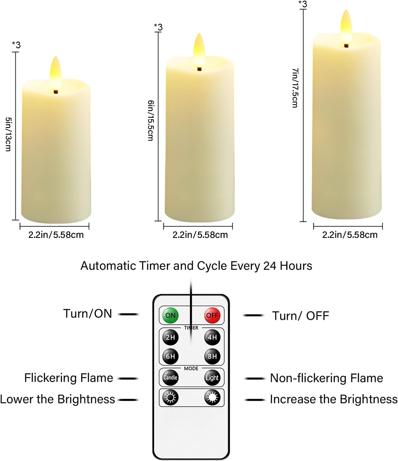 Plastic Waterproof Outdoor flameless Candles, LED Candles, with Remote Control and Timer, Battery-Powered Candles, Suitable for Camping, courtyards and Home Decoration,Set of 9（Ivory）