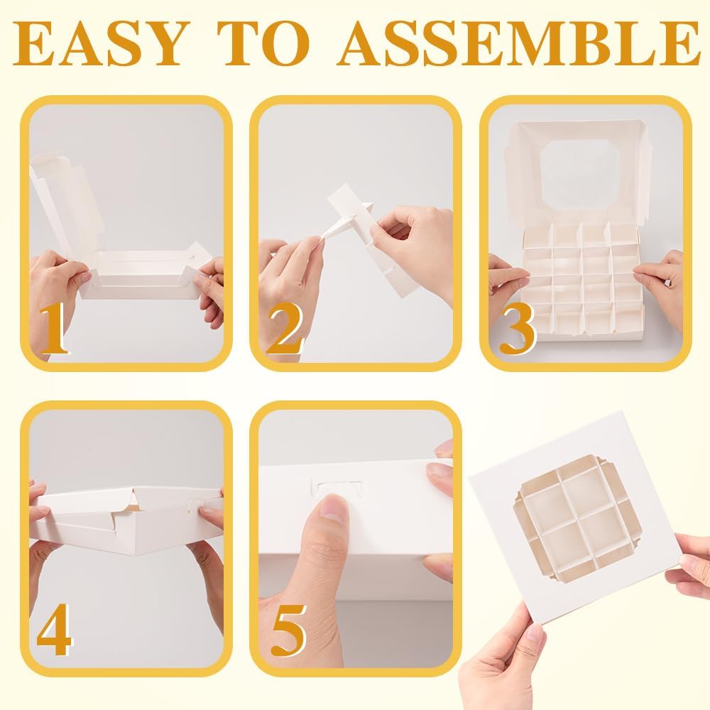 25 Pack White Bakery Boxes, Sweet Boxes with Windows and Divider, 16-Compartments Dessert Box for Chocolate Sweet Assortment