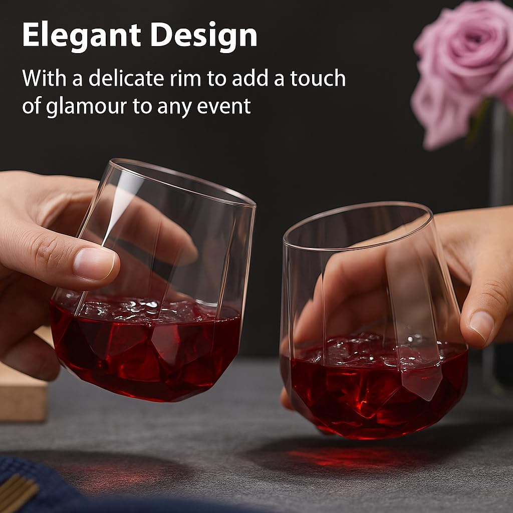 40 count Diamond Unbreakable Stemless Plastic Wine Champagne Whiskey Glasses Elegant Durable Disposable Indoor Outdoor Home office wedding bars 12 Ounce (Classic Old Fashioned Clear)