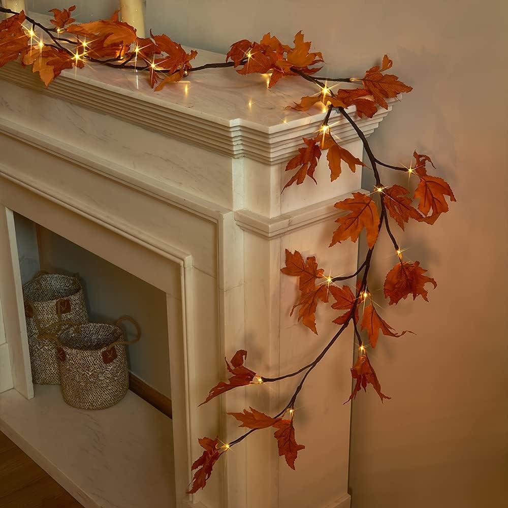 Hairui Lighted Maple Leaf Garland with Timer 6FT 24 Warm White LED, Fall Garland with Lights Battery Operated for Thanksgiving Harvest Christmas Wedding Decoration Indoor Outdoor