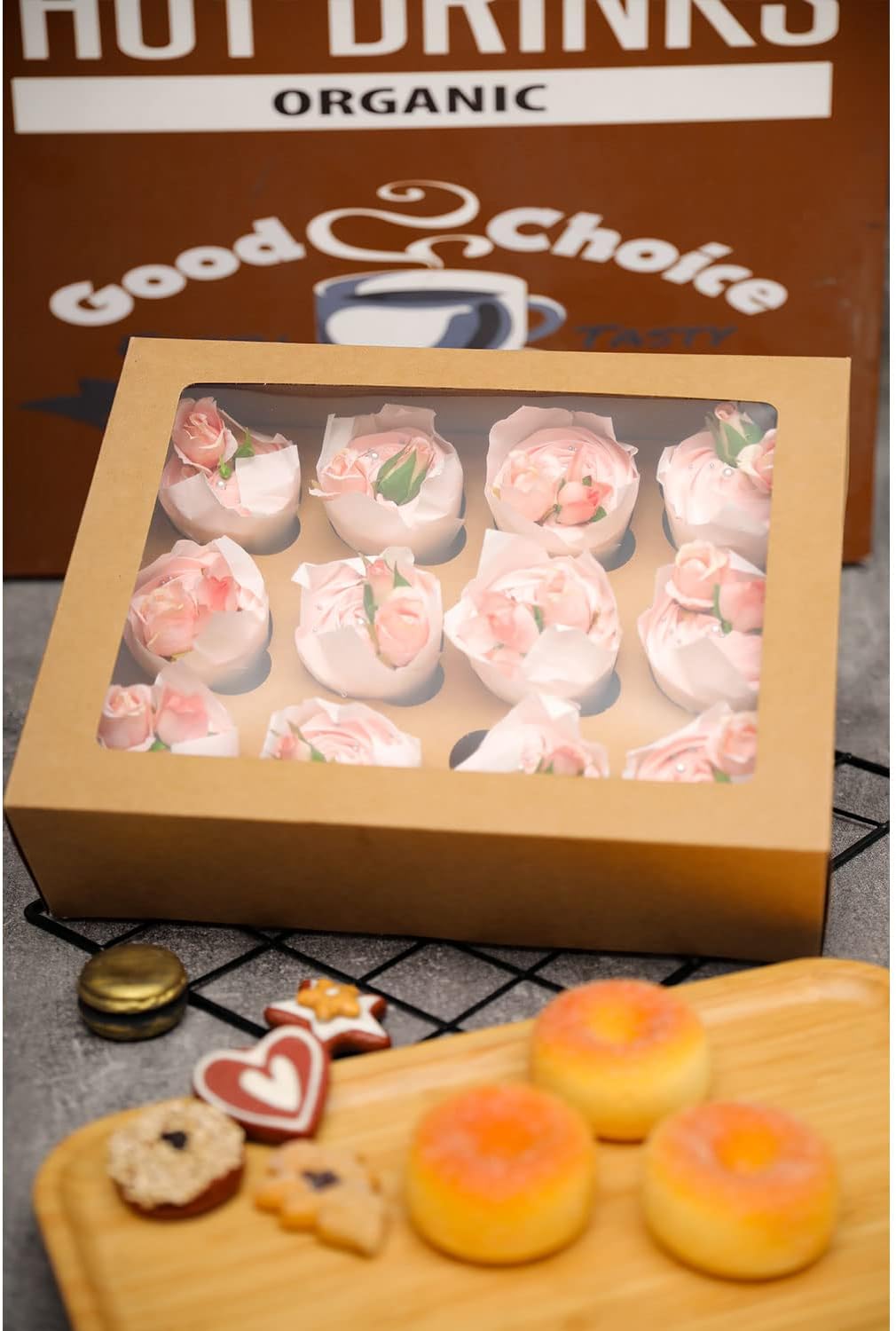 12 Cupcake Containers 12-Packs Brown Cupcake Box Cupcakes Carrier, 12 Cupcake Boxes with Window 13"x10"x3.5"（Auto-pop up）
