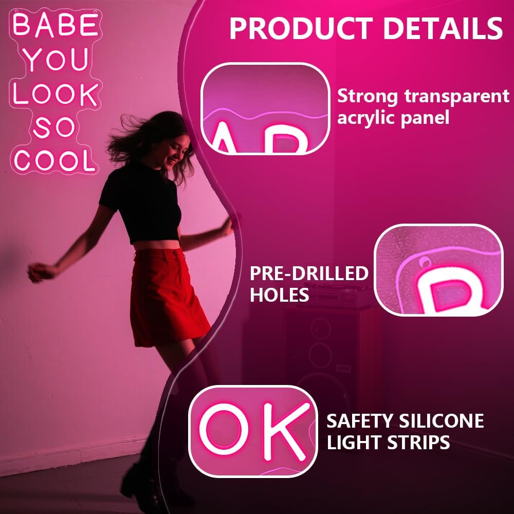Babe You Look So Cool Neon Sign,Pink Dimmable LED Light Signs for Wall Art Decor,Backdrop for Game Room Bar Bedroom Club Party Man Cave,Gift for Boys Teen Men USB Powered（14.2"*8.4"）