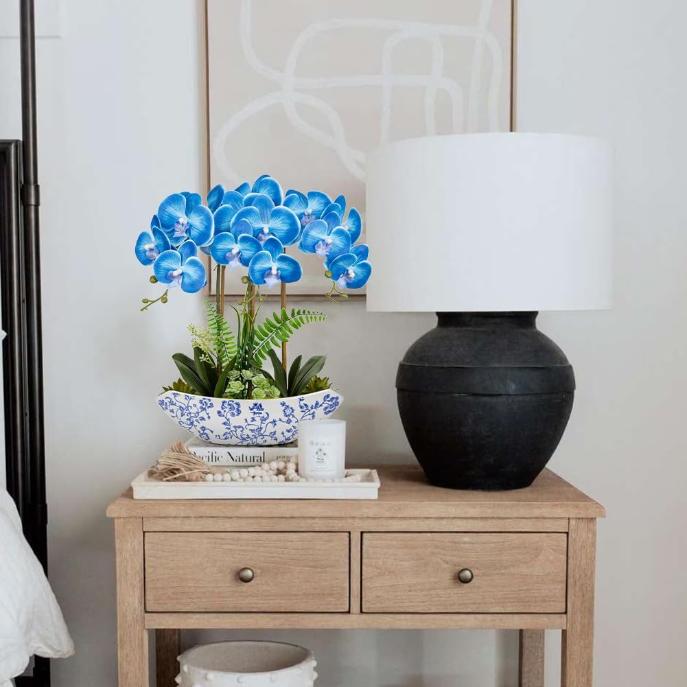 Briful Blue Orchid Artificial Flowers 18in Fake Orchid Silk Flowers with Blue and White Ceramic Pot Faux Orchid Arrangement for Home Office Room Dining Table Centerpiece Modern Decor