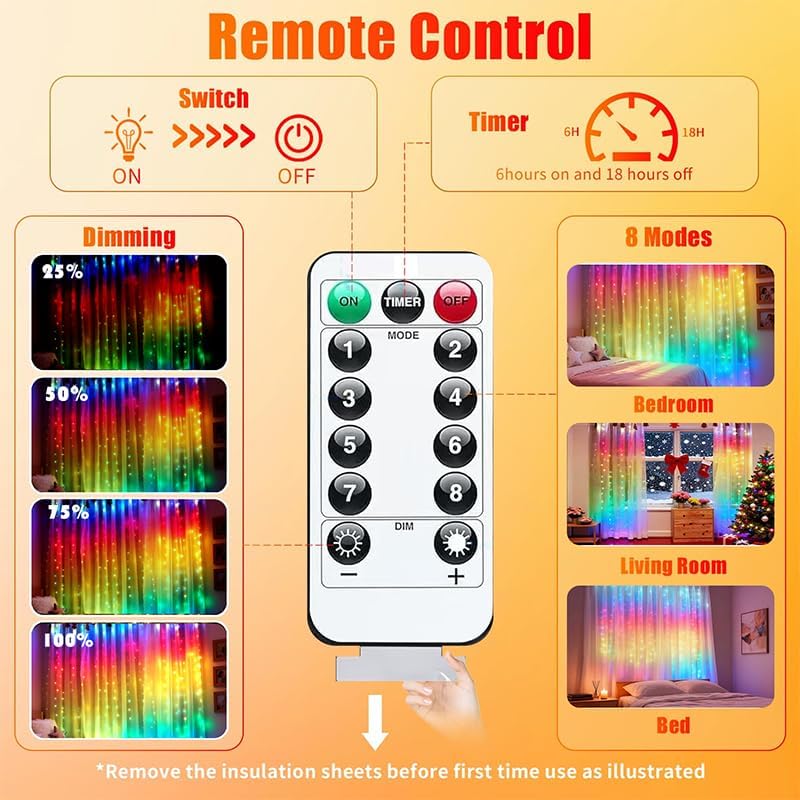300LED Fairy Curtain Lights, 9.8x9.8Ft Warm White USB Plug in 8 Modes & Timer Christmas String Hanging Lights with Remote for Bedroom Indoor Outdoor Weddings Party Wall Decorations(rainbow)