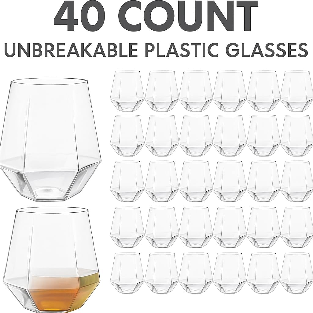 40 count Diamond Unbreakable Stemless Plastic Wine Champagne Whiskey Glasses Elegant Durable Disposable Indoor Outdoor Ideal for Home, Office, Bars, Wedding, 12 Ounce Cups (Clear)