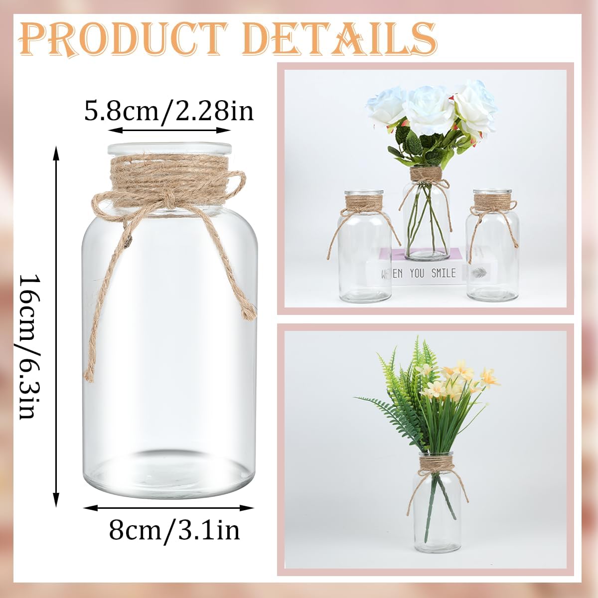 Vintage Glass Flower Vase，24 Pack Farmhouse Transparent White Glass Centerpiece Vases Mason Jars for Weddings, Parties & Home Decor Bulk (24, Transparent)