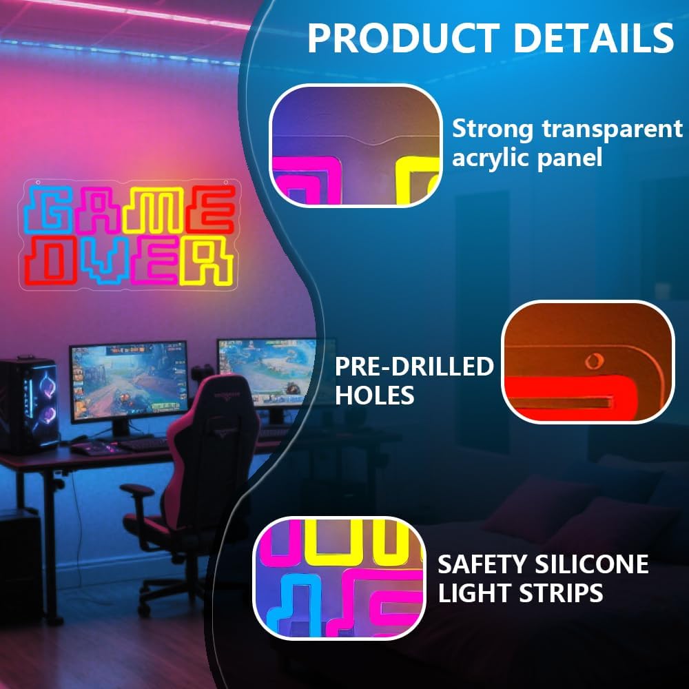 Game Room Neon Sign,Game Over Dimmable LED Light Signs for Wall Art Decor,Gamer Backdrop for Bedroom Club Party Man Cave,Gaming Gift for Boys Teen Men USB Powered（15.4"*7.9"）