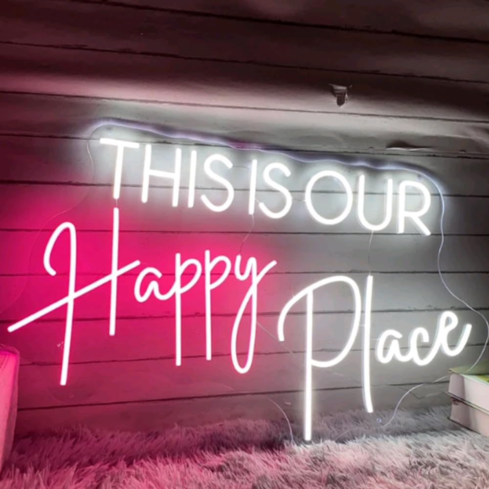 This Is Our Happy Place Neon Sign Custom Bedroom LED Neon Light Home Living Room Salon Wall Decor Wedding Party Decoration Personalized Gift USB Size:20x12inch