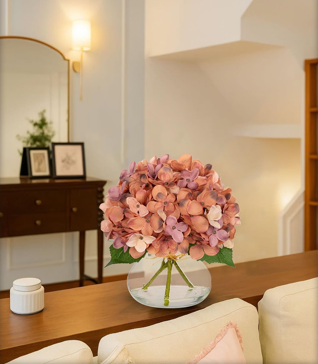 Hollyone Fall Hydrangea Artificial Flowers for Decoration with Glass Vase Dark Peach Autumn Silk Fake Flower Arrangements with Faux Water Table Centerpiece Vase with Flowers Fall Decorations for Home