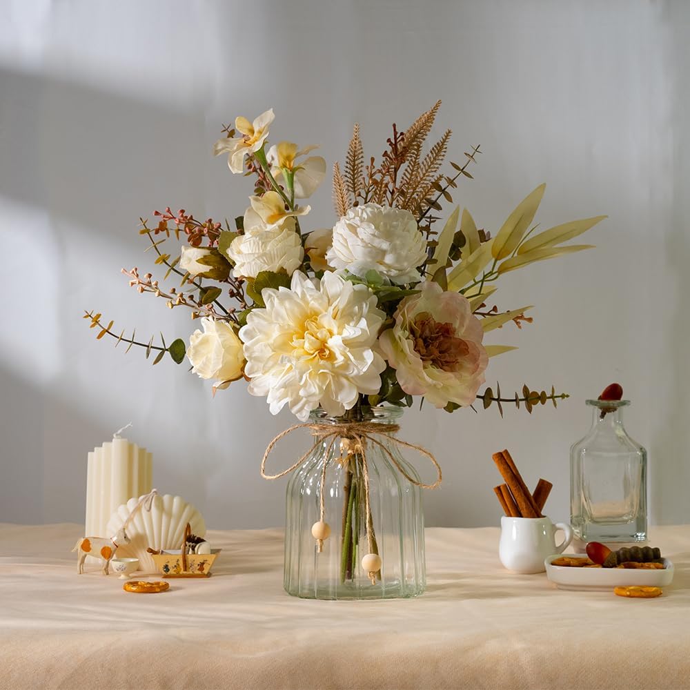 LESING Dahlia Flower Aritificial Flower with Vase Fake Silk Flowers in Glass Vase Faux Rose Flowers Arrangement for Home Office Table Centerpiece Decoration (White)