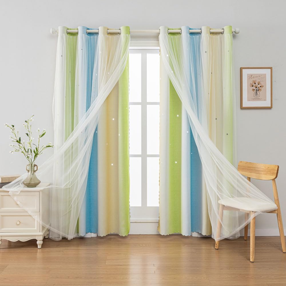 FANLI Ombre Rainbow Blackout Curtains for Kid Girls Bedroom Living Room Darking Stripe Double Layer Star Cut Out Wall Home Decor Gradient Grommet Window Curtains （Blue Green 52Wx63L）