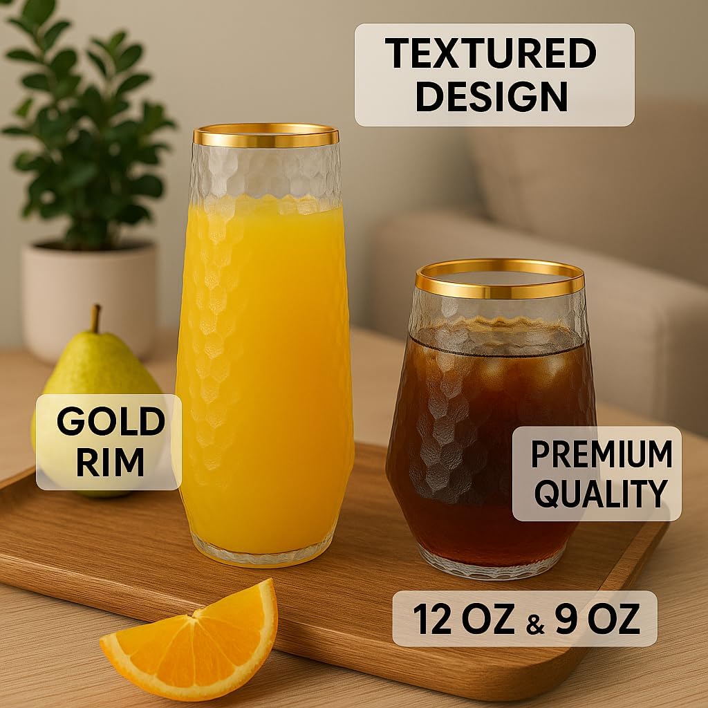 48 Pack Ribbed Origami Ripple Plastic Glasses 24 9oz Stemless Champagne Flutes & 24 12oz Cups BPA-Free, Disposable, Shatterproof Drinkware for Weddings, Bars, Events (Hammered Diamond Gold Rim)