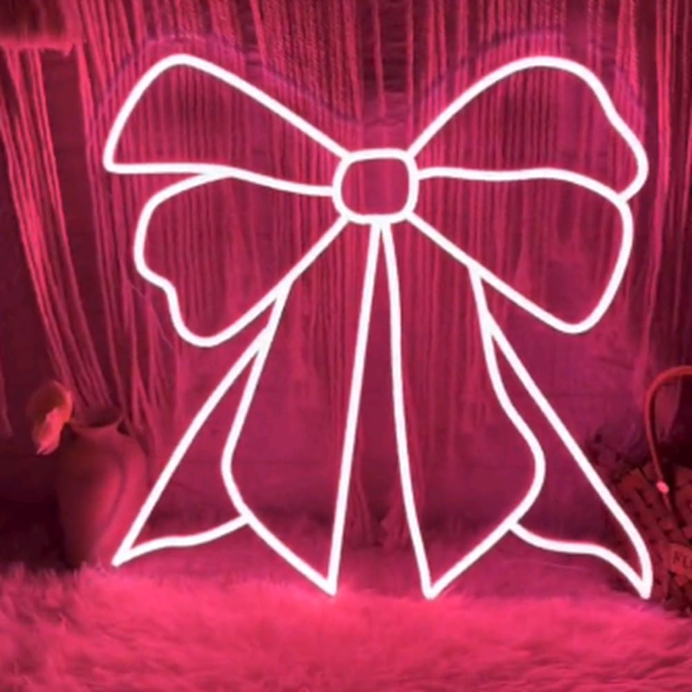 Pink Bow LED Neon Sign, Custom Bedroom Girl's Room Neon Light Sign Home Wall Dorm Beauty Room Salon Decor Party Bar Decoration Gift For Her Size:18x18inch