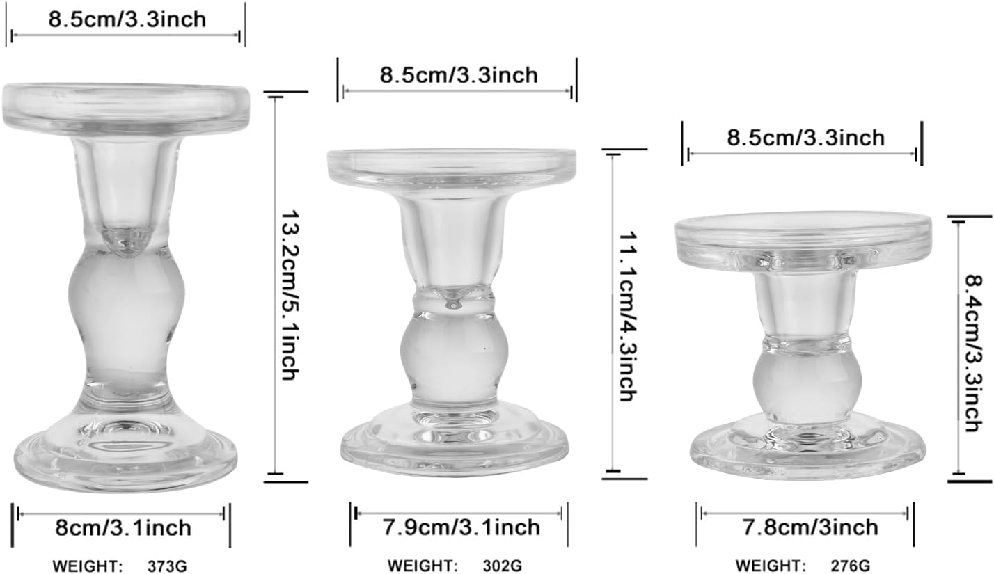3-Piece Set of Glass Candlestick, Crystal Candlestick Holder Holder and Conical Candle, Christmas Candle Holder Decoration, Family Living Room Wedding Candle Holder (Clear)