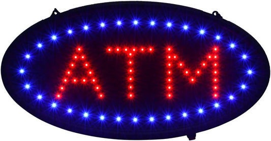 Boshen Led ATM Signs Decor for Bank Business Mart Shop Store Bar Cafe Now Open Sign Display On/Off Switch + Chain (19" Lx 10"W(Oval"ATM"))
