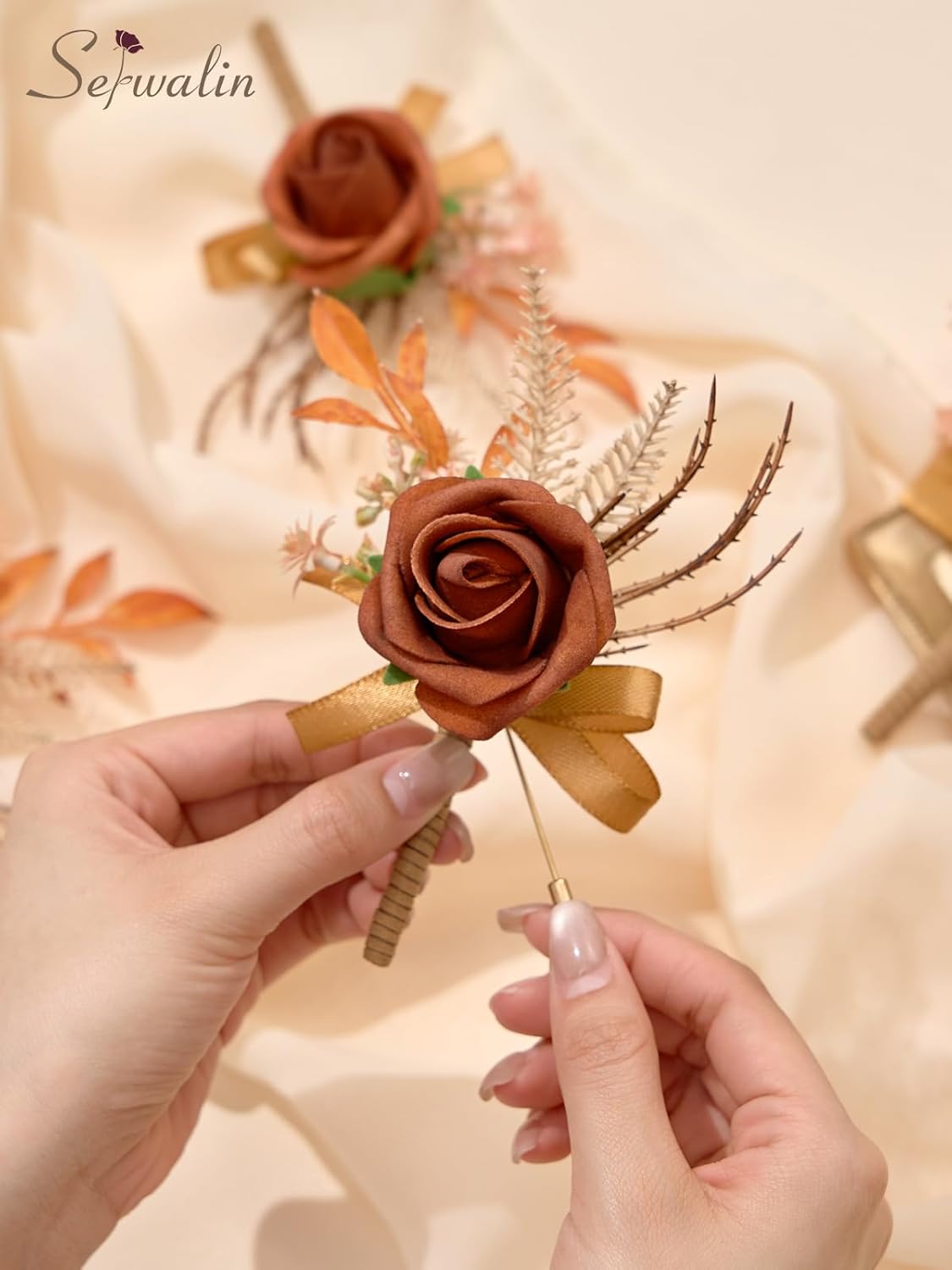 Serwalin 10Pcs Boutonniere for Men, Burnt Orange Groom and Best Man Boutonniere, Artificial Flowers for Wedding Decor, Prom, Homecoming, Ceremony Anniversary, Formal Dinner Party