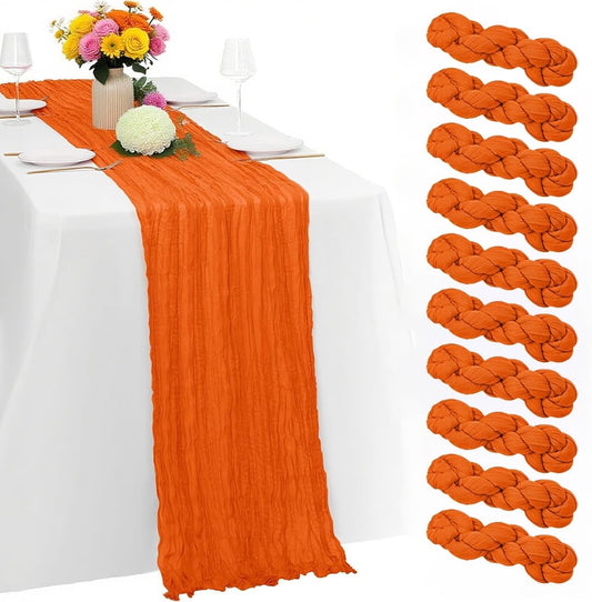10 Pack Orange Cheesecloth Table Runner -21*120Inch Long Boho Wedding Table Decor, Rustic Gauze Fabric Runner for Bridal Showers, Baby Showers & Parties (Sheer, Lightweight, Wrinkled Design)