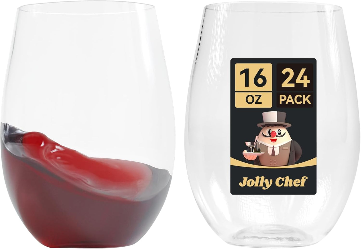JOLLY CHEF 24 Pack 16oz Plastic Wine Glasses Stemless, Disposable Wine Cups, Premium Quality, Recyclable, Unbreakable, Crystal and BPA-Free for Party