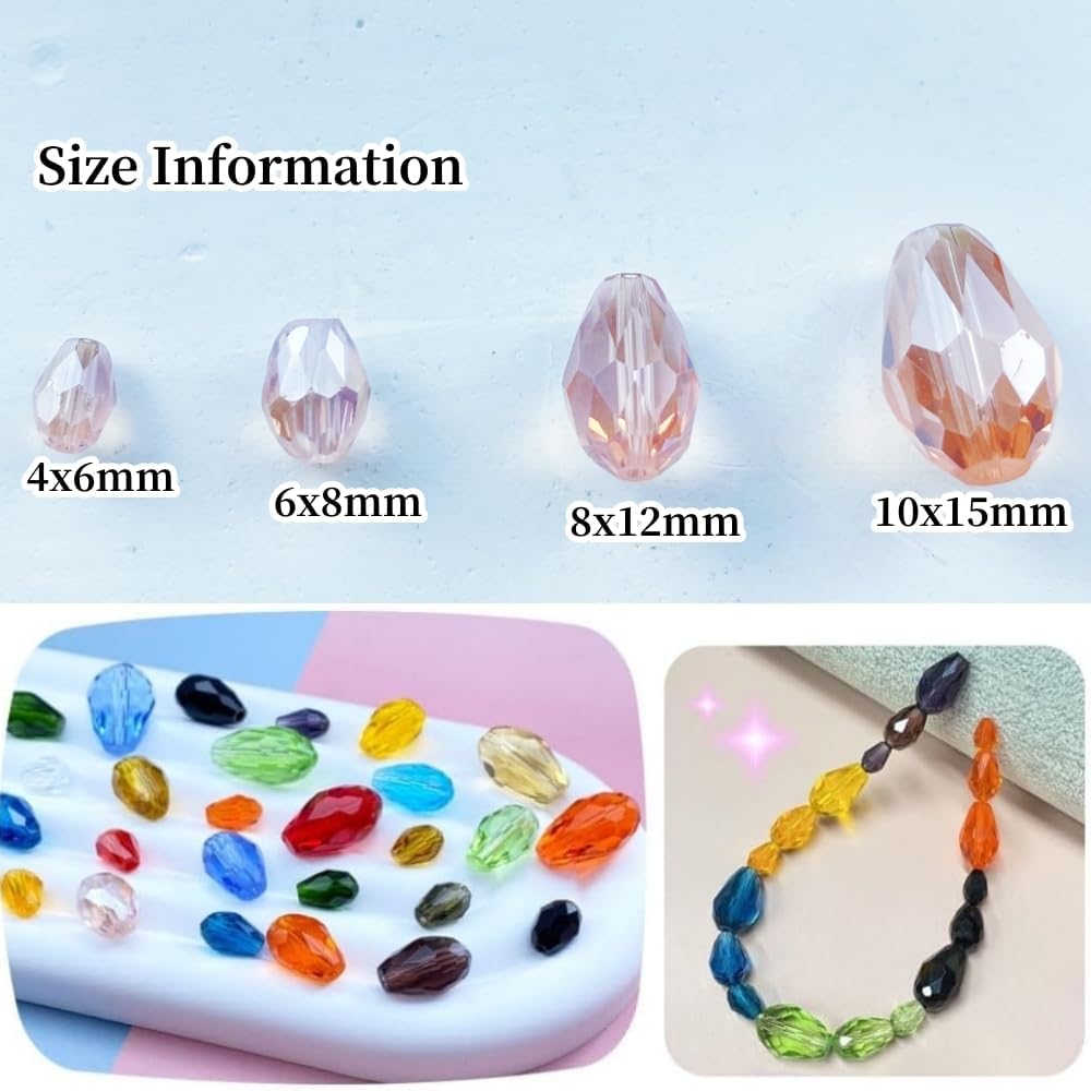 130pcs 6x8mm Teardrop Crystal Glass Beads Vertical Hole Faceted Glass Teardrop Spacer Beads for Bracelets Necklace Earring DIY Jewelry Making Craft(Pink AB)