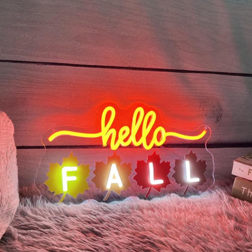 Hello Fall Leaves LED Neon Sign, Fall Home Bedroom Decor Neon Light UV Printing Autumn Party Garden Sign Thanksgiving Door Wall Décor Size:18x 9inches