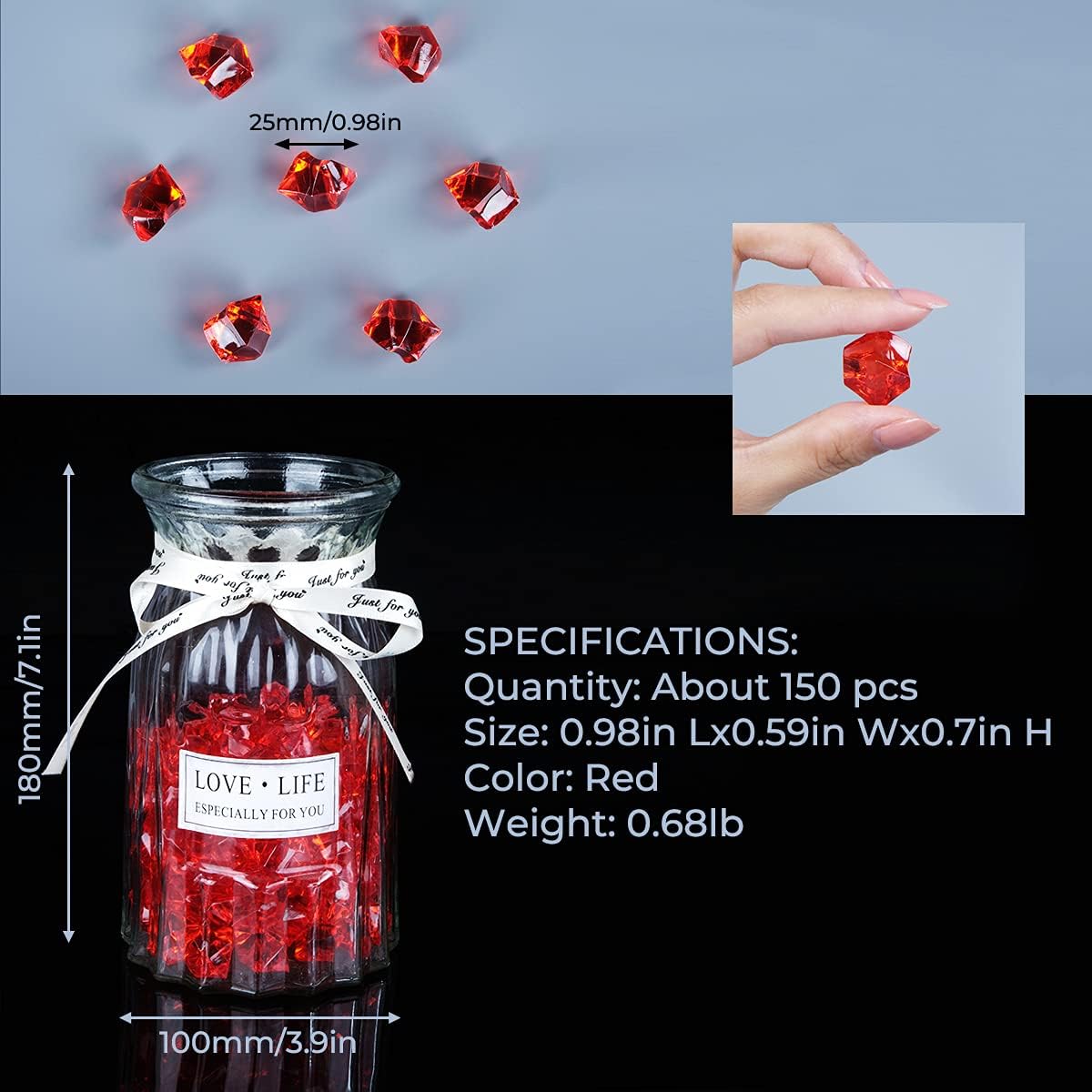 Acrylic Crushed Ice Rocks, Babenest 150 PCS Fake Crystals Plastic Ice Cubes Diamonds Gems for Vase Fillers, Home Decoration, Table Scatter, Event, Wedding, Arts & Crafts (Red)