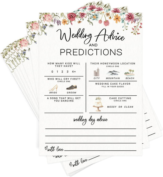 Printed Party Bridal Shower Game – Wedding Prediction Cards for Guests, Fun Advice and Guessing Activity, Wildflower in Bloom Theme, Set of 30