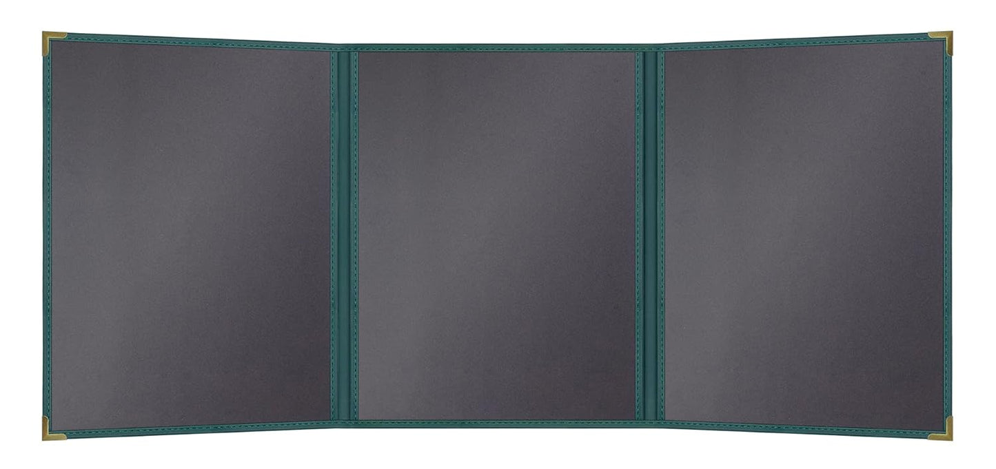 Goodsmart Pajco Style Restaurant Menu Covers – Pack of 10, Side-Load Fold-Out Menu Holders, Single Stitched Edge Clear Vinyl Menu Sleeves, Leatherette Trim Gold Corners, Green, 3 View (8.5" x 11")