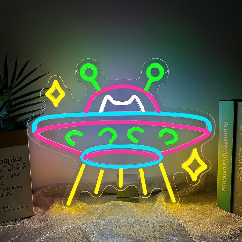 UFO Neon Sign,Cat Dimmable LED Light Signs for Wall Art Decor,Space Backdrop for Game Room Bedroom Club Party Man Cave,Gift for Boys Teen Men USB Powered（15"*12.1"）