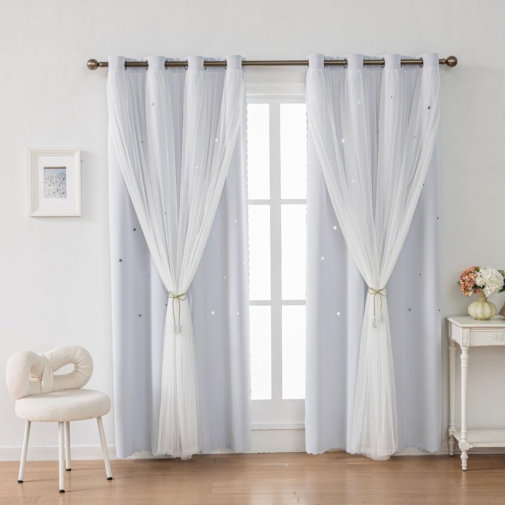 Ombre Rainbow Blackout Curtains for Kid Girls Bedroom Living Room Darking Stripe Double Layer Star Cut Out Wall Home Decor Gradient Grommet Window Curtains (Greywish White 84)