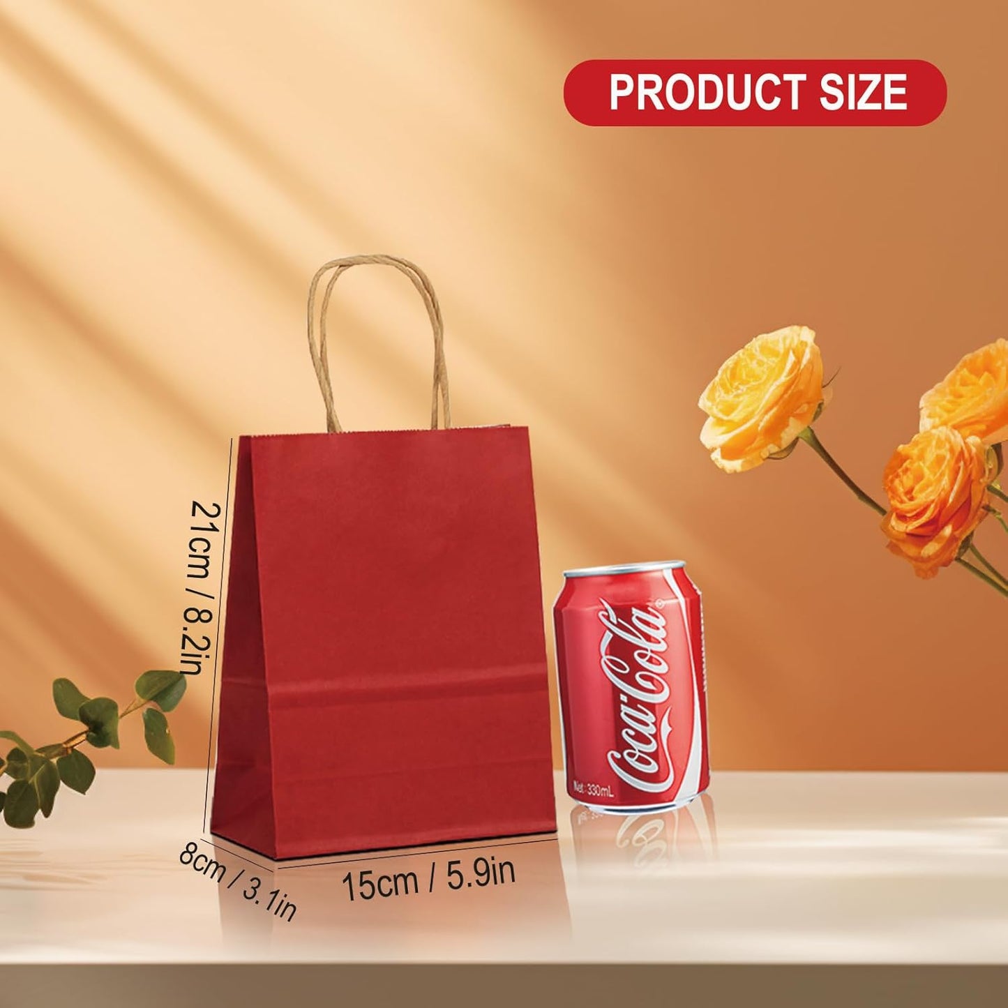 BAG BOX 50 Pack Small 5.9x3.1x8.25 Inch Red Kraft Paper Gift Bags with Handles for Bulk Shopping, Retail, Craft, Party Favors, Wedding, Grocery & Sacks