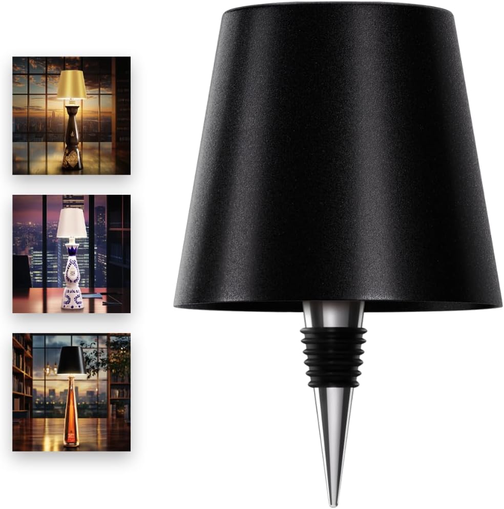 Wireless Bottle Lamp for Any Type of Bottle - LED Bottle Lamp for Indoor & Outdoor - 100% Waterproof - Adjustable Brightness and Light Temperature 3000-6000K - Wireless & Rechargeable (Black)