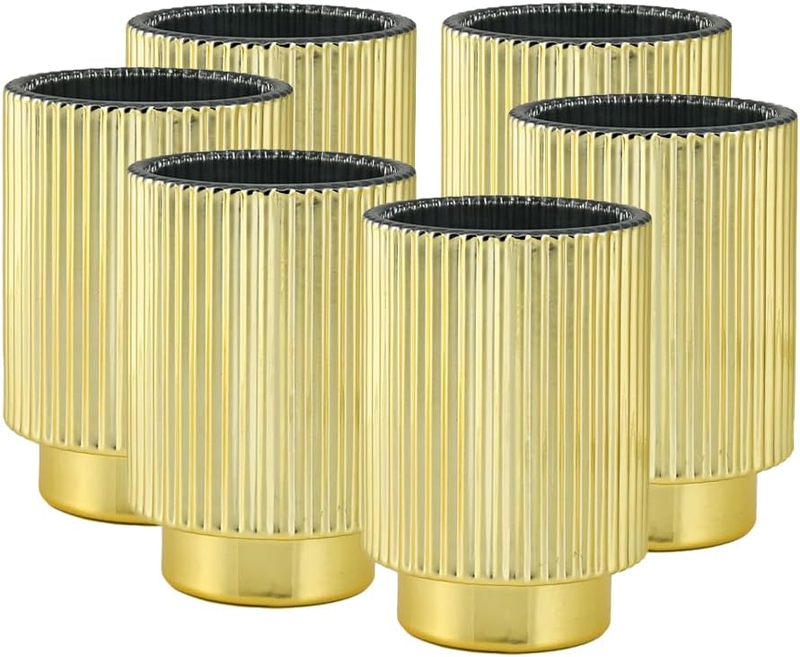 Serene Spaces Living Gold Ribbed Pedestal Glass Votive Holder, Table Centerpiece, Home, Office, Wedding, Birthday, Holiday & Special Events Decor, 3.5" Diameter & 5" Tall, Pack of 24