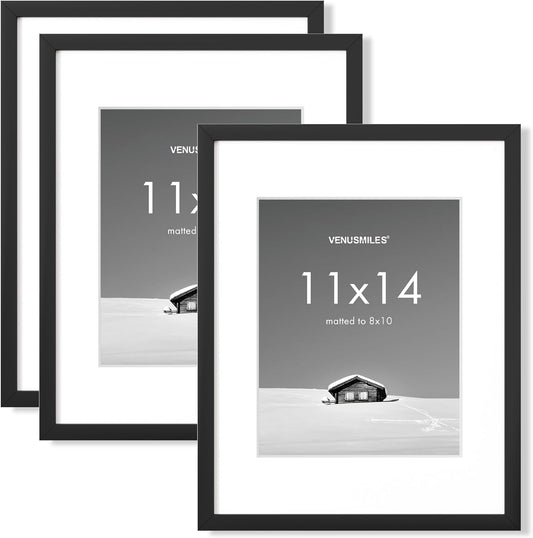 11x14 inch Picture Frame, 11x14 Photo Frames with 8x10 Removable Mat - High Definition Plexiglass - Vertical and Horizontal Display - Wall Hanging Frame - Black, 3 Pack
