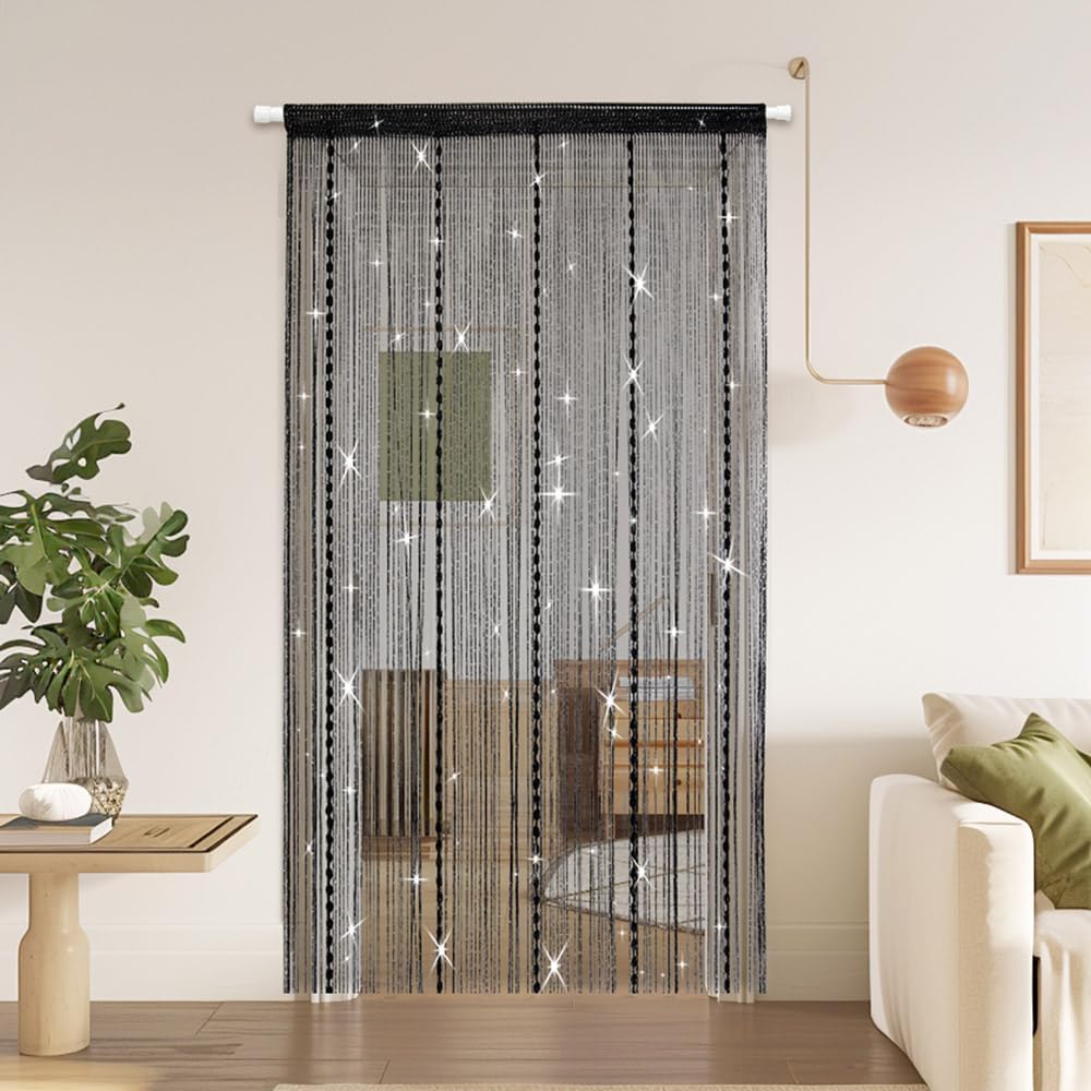 Hysenm Door String Curtains 39x79 Inch Black Panel Soft Balls Romantic Glitter Fringe Room Divider Home Décor Wedding Girls Bedroom Window Living Room Backdrop Party Doorways Closet