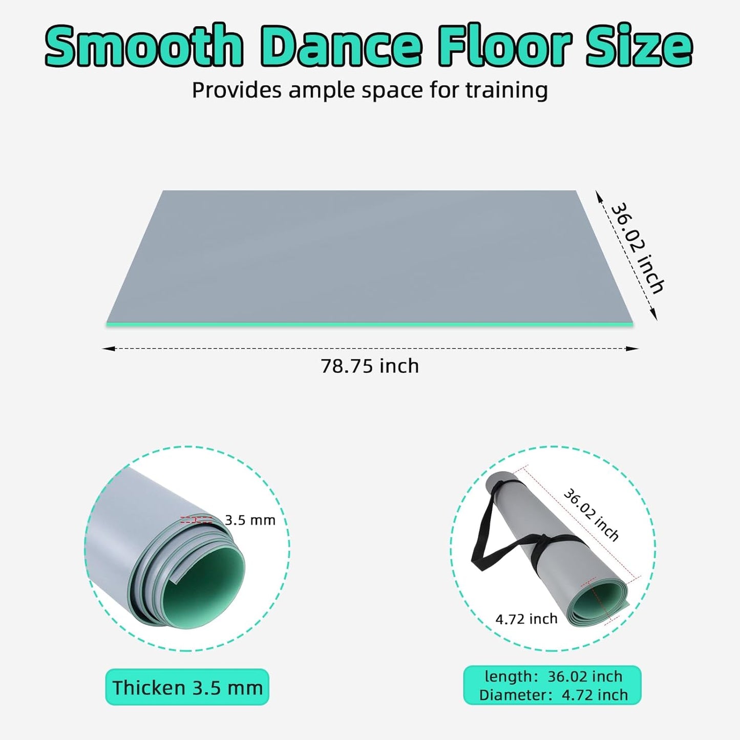 Dance Floor Mat Non-Slip with Shoulder Strap Portable and Dance Resistance Band, Dance Floor for Ballet,Jazz, Pop Thick PVC Practice Floor Reusable Mat (Gray-Green, 180cm*91.5cm*0.35cm)