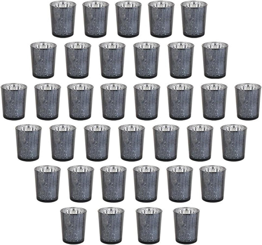 Black Mercury Glass Tea Light Holders Set of 36 - Elegant Votive Candle Holders for Weddings, Showers and Home Decor - Perfect for Table Centerpieces and Parties (Glass, Black)