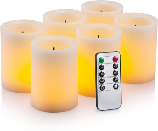 Flameless Flickering LED Candles 3" X 4" with 10-Key Remote Control Timer Classic Pillar Optical Fiber Wick Real Wax Battery Operated Candles, Ivory Color, Set of 6
