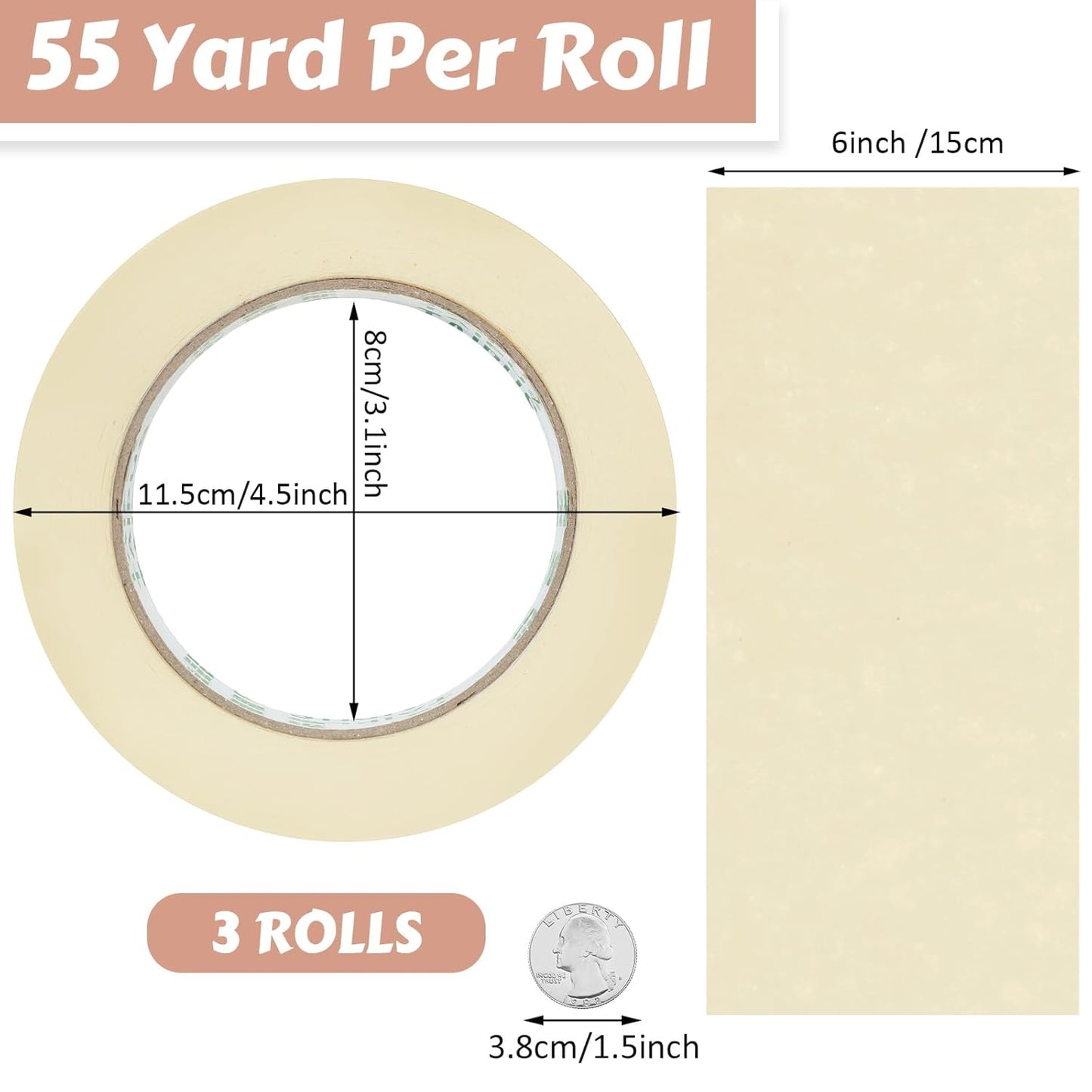 Masking Tape Bulk General Purpose Masking Painting Tape 55 Yards for Painting Home Office School Stationery Arts Crafts Basic Use, Easy Removal(3 Rolls,6 Inch)