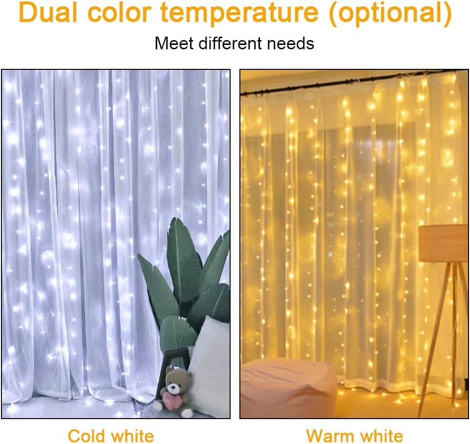 Vicloon Fairy Curtain Lights,300 LED White Curtain Lights,8 Modes 9.8×9.8Ft Waterproof Window Curtain String Light USB Powered with Remote Control,Christmas String Lights Curtain for Indoor/Outdoor