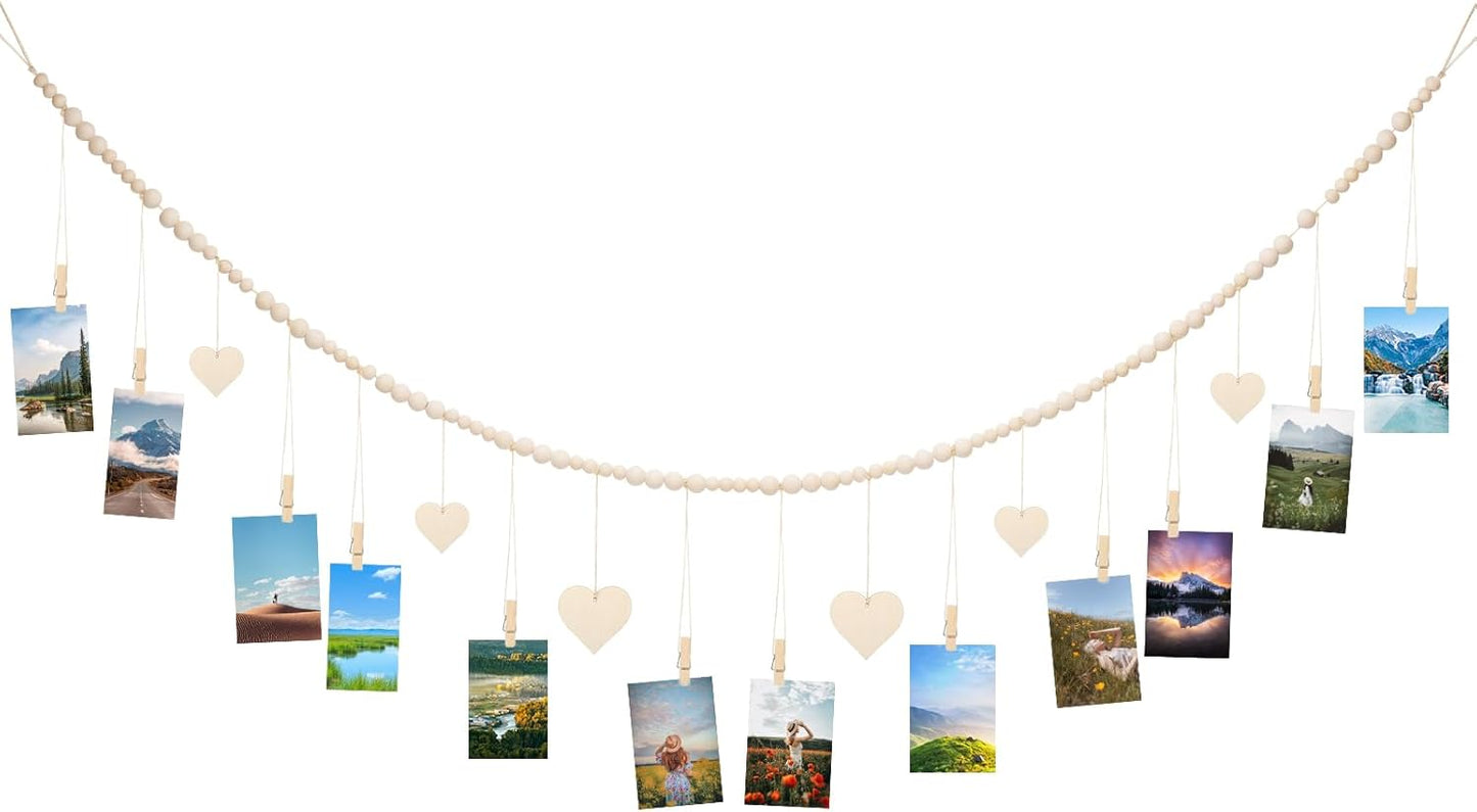 joycraft 5Ft Photo Banner with Clips, Photo Garland with Wooden Beads, Photo Clip String, Boho Photo Display for Bedroom, Office, Dorm, and Party Decor(11Pcs Clips + 6Pcs Wooden Heart Tags)