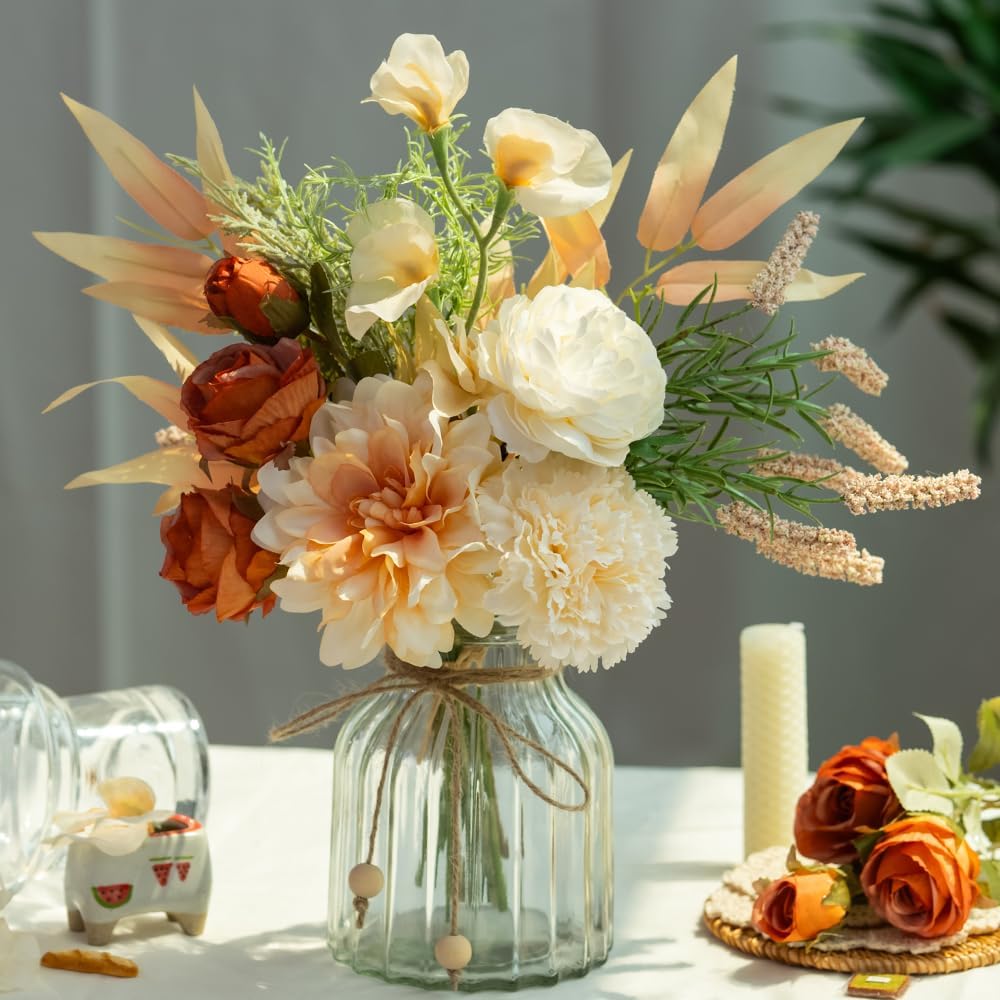 LESING Dahlia Flower Aritificial Flower with Vase Fake Silk Flowers in Glass Vase, Faux Rose Flowers Arrangement for Home Office Table Centerpiece Decoration (Champagne)