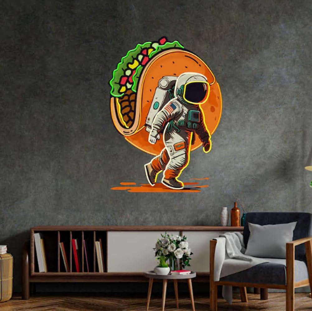 Astronaut Carrying Tacos Neon Sign,BusinessTacos LED Light,taco shop Décor Light Size:20 inch