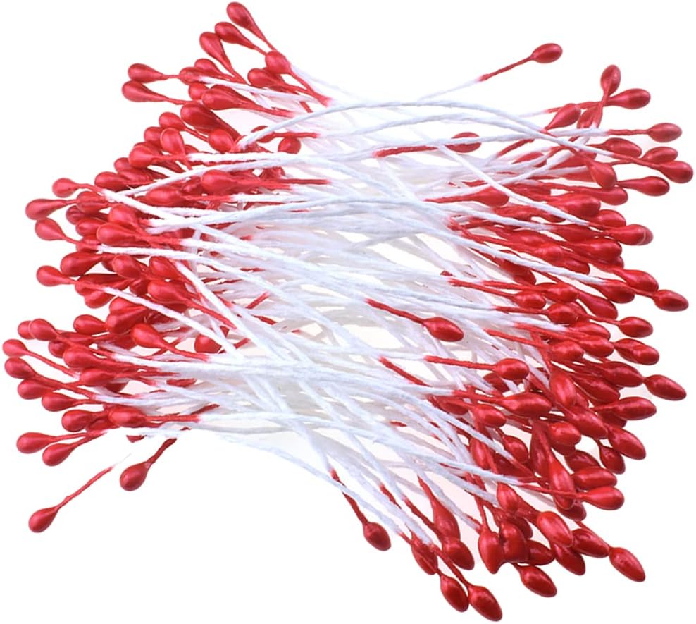 HAHIYO 700Pcs 3mm Red Pearl Double Head Flower Stamen Pistil Hand-Made Artificial Flower Pistil Flore Pearlized Floral Stamen Flower Pollen Stamen Holly Berrie for Flower Making Scrapbook Decoration