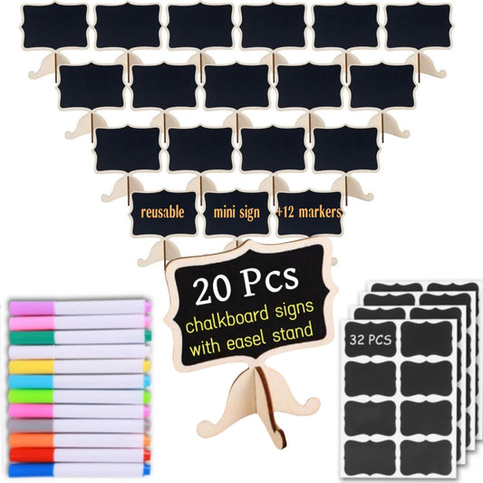20 Pack Wood Mini Chalkboards Signs, Food Labels Place Cards Small Blackboard for Party Buffet Table Sign Chalkboard Wedding Bakery with 12 Makers and Blackboard Stickers