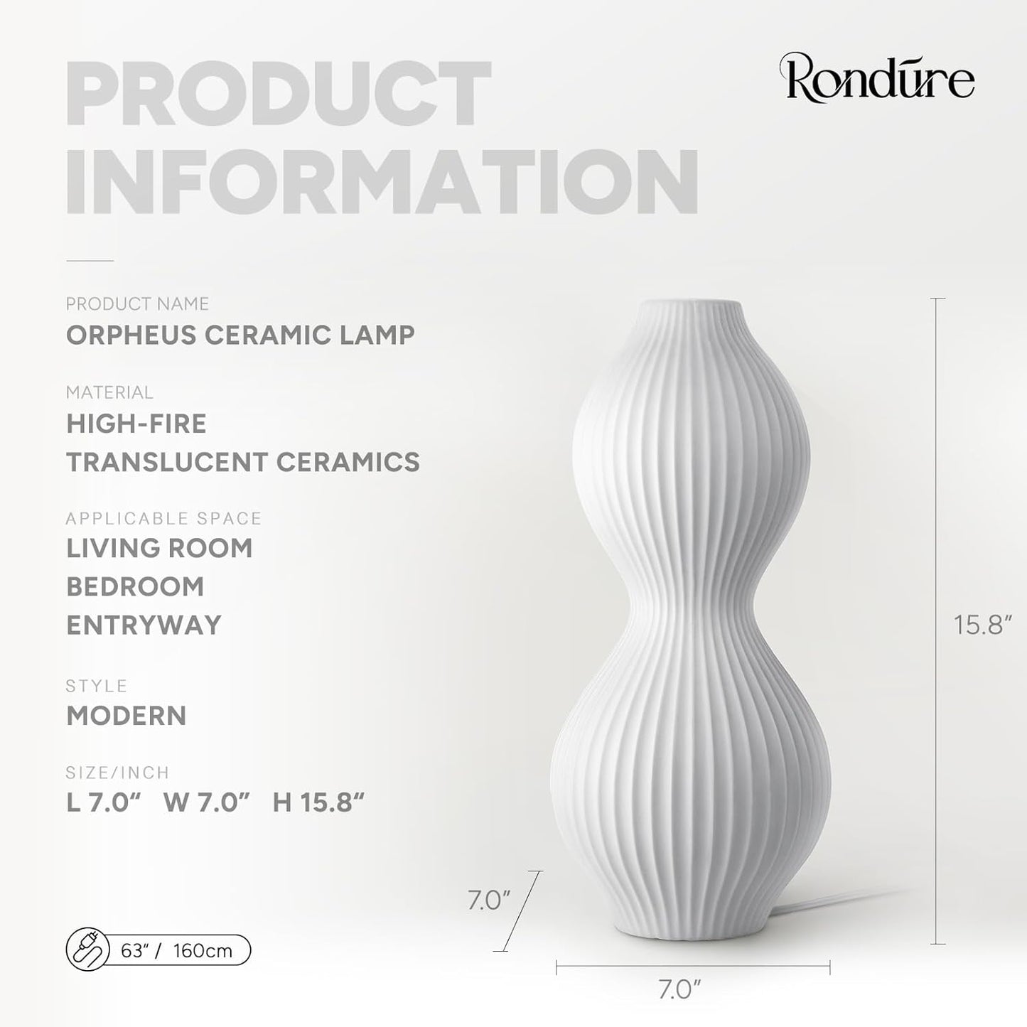 RONDURE 15.8" Modern Ceramic Table Lamp, Modern Bedside Lamps for Bedroom, Living Room and Nightstand, White Translucent Ceramic Shade, Warm Ambient Lighting, Home Decor