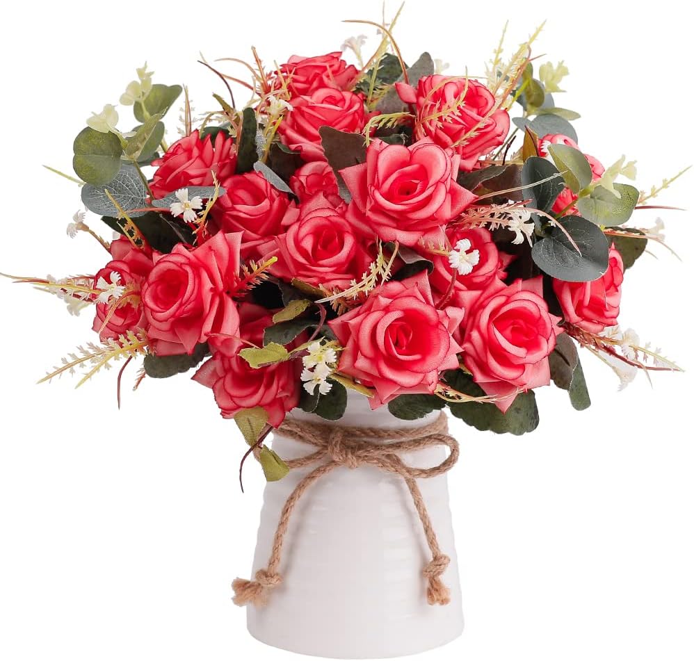 LESING Artificial Rose with Vase,Fake Silk Flowers Bouquets in Vase Table Centerpiece Arrangement for Kitchen Living Room(Red-1)