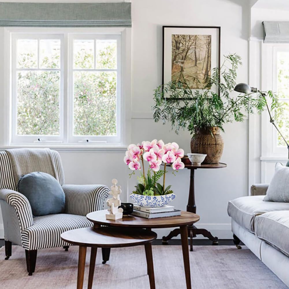 Briful Orchid Artificial Flowers 18in Pink Fake Orchid Silk Flowers with Blue and White Ceramic Pot Faux Phalaenopsis Arrangement for Home Office Room Dining Table Centerpiece Modern Decor