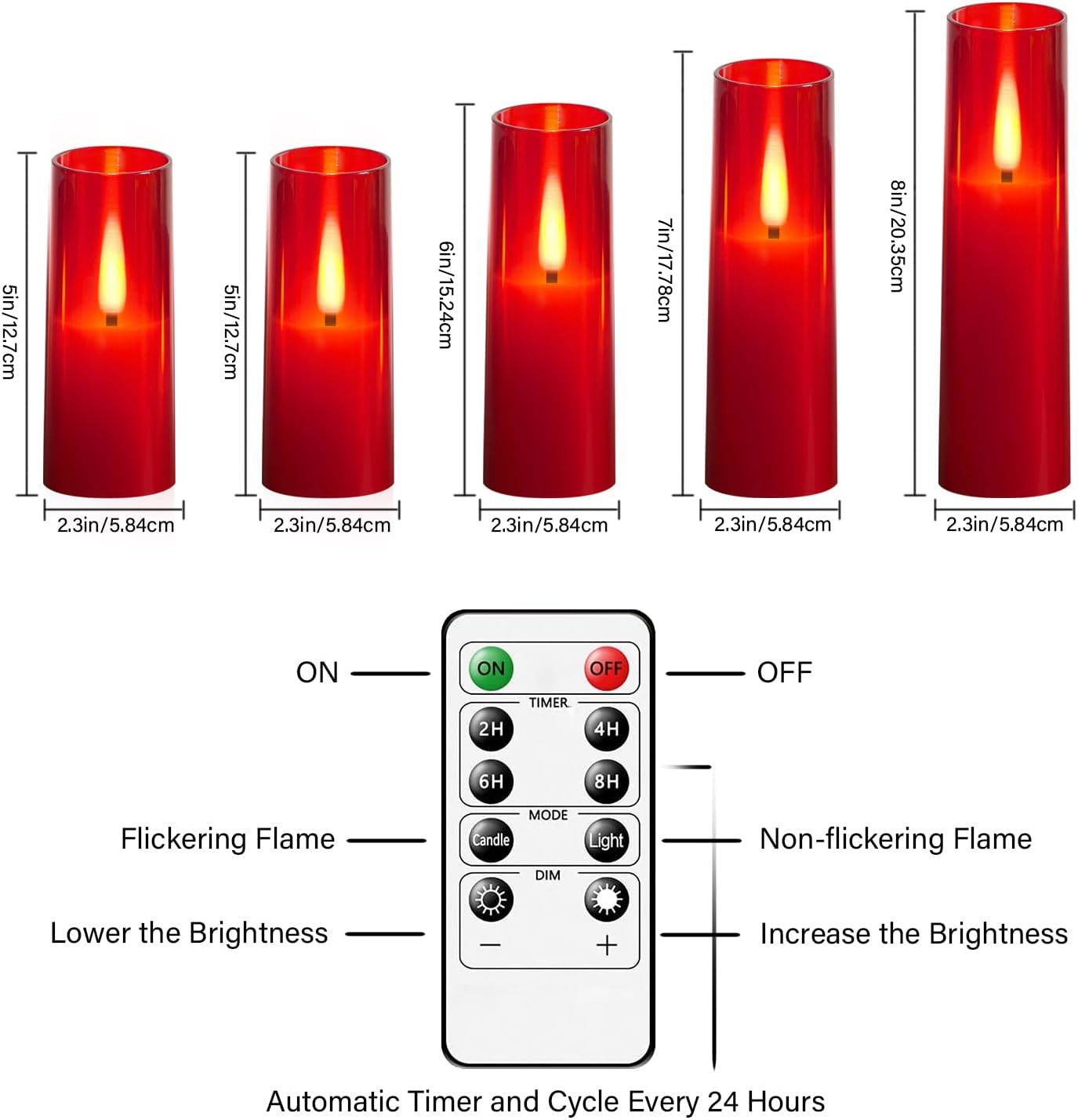 Flameless LED Candles, Upgraded Realistic Flickering Flame Battery Operated Candles with Remote Timer, Acrylic Electric Set of 5 for Romantic Ambiance and Home Decoration（Red）